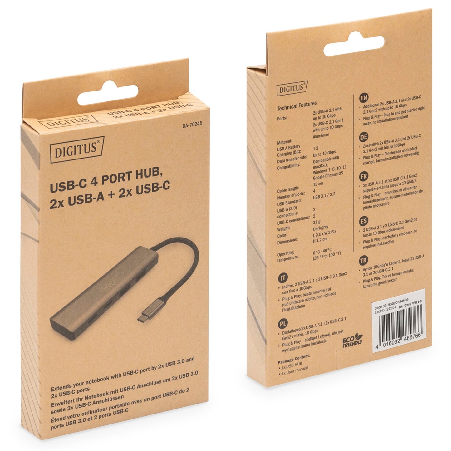 DIGITUS USB-C 4 Port HUB Alumin. Housing  2xUSB-A+2x USB-C Gen2