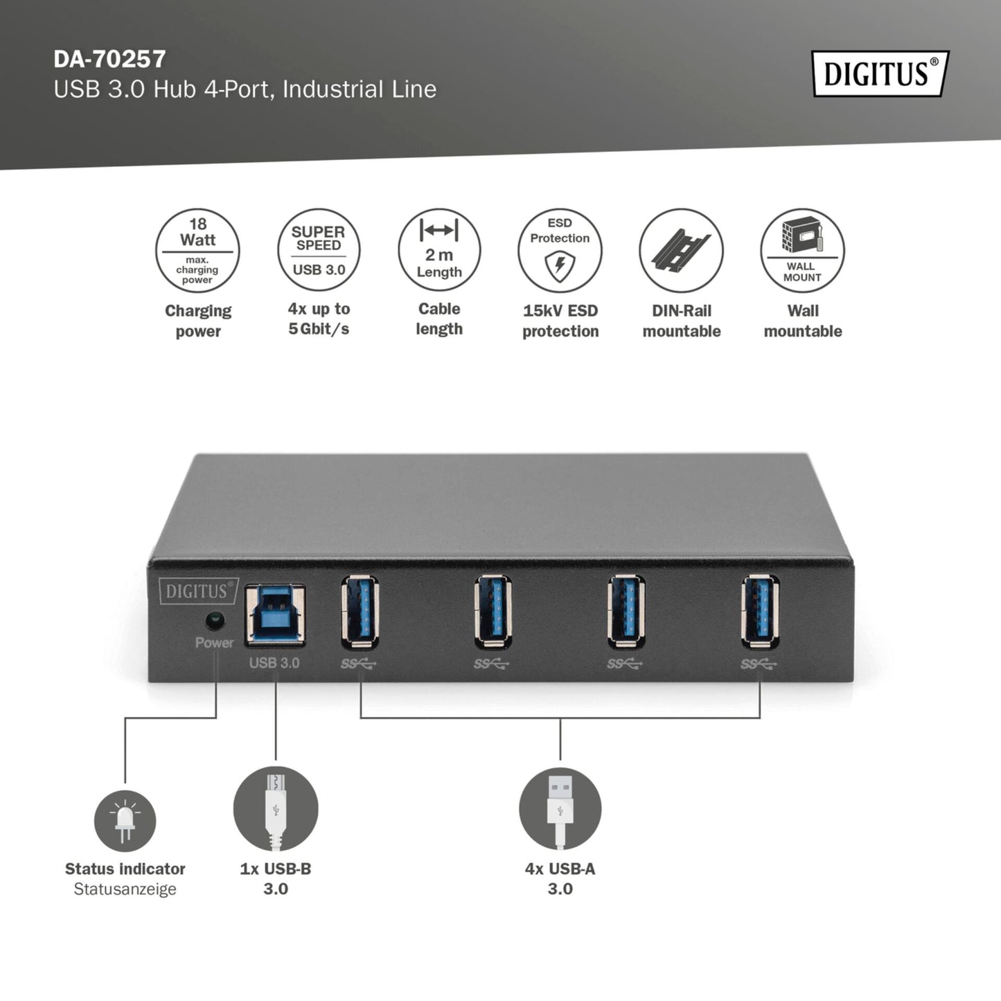 DIGITUS USB 3.0 Hub 4-Port Industrial Line 15-kV-ESD