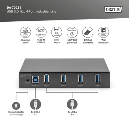 DIGITUS USB 3.0 Hub 4-Port Industrial Line 15-kV-ESD