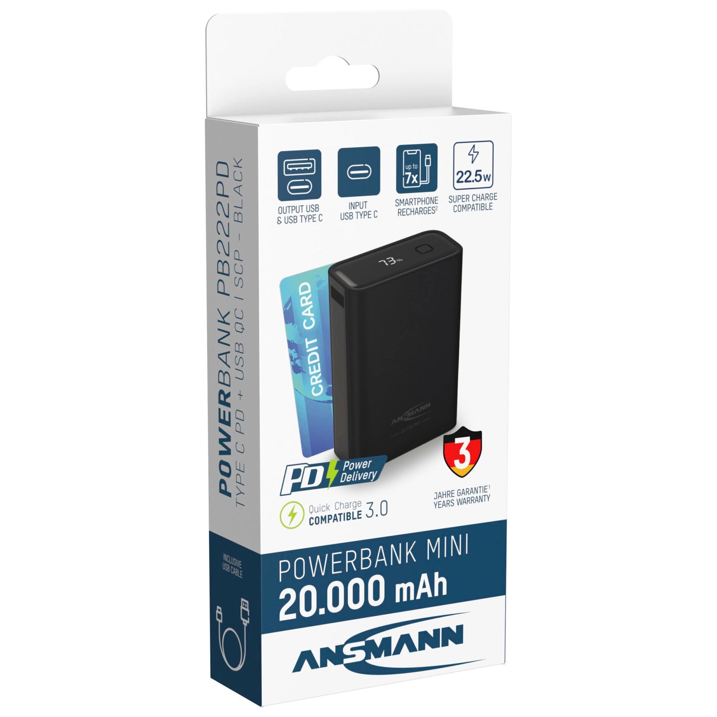 Ansmann Powerbank PRO 20.000 mAh USB-A+C Port 22,5W bl. 1700-0155