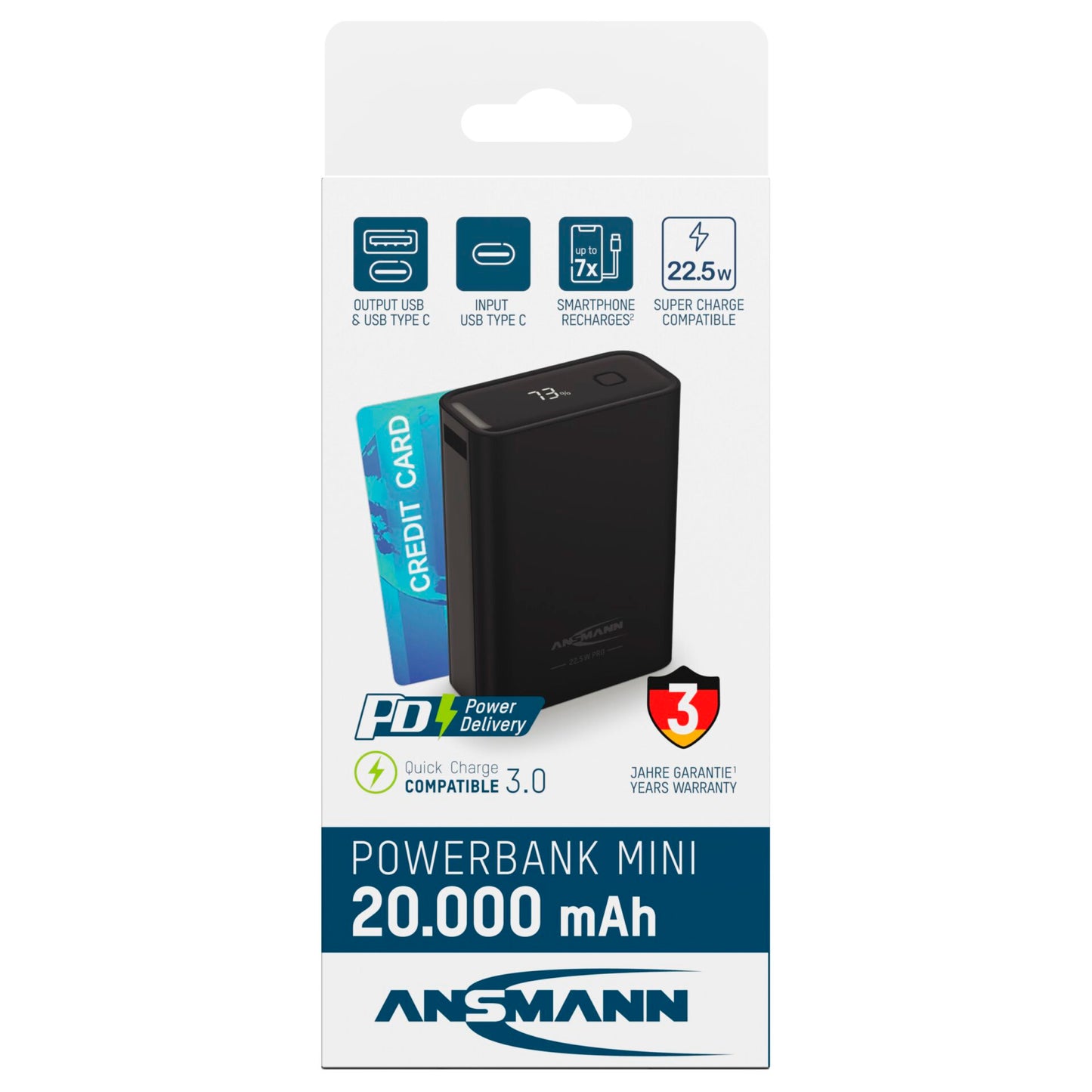 Ansmann Powerbank PRO 20.000 mAh USB-A+C Port 22,5W bl. 1700-0155