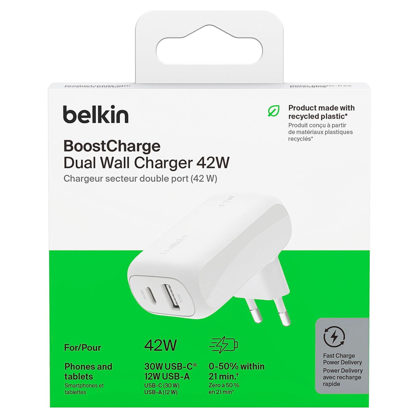 Belkin BOOST Charge 42W Charger 30W USB-C/12W USB-A   WCB009vfWH