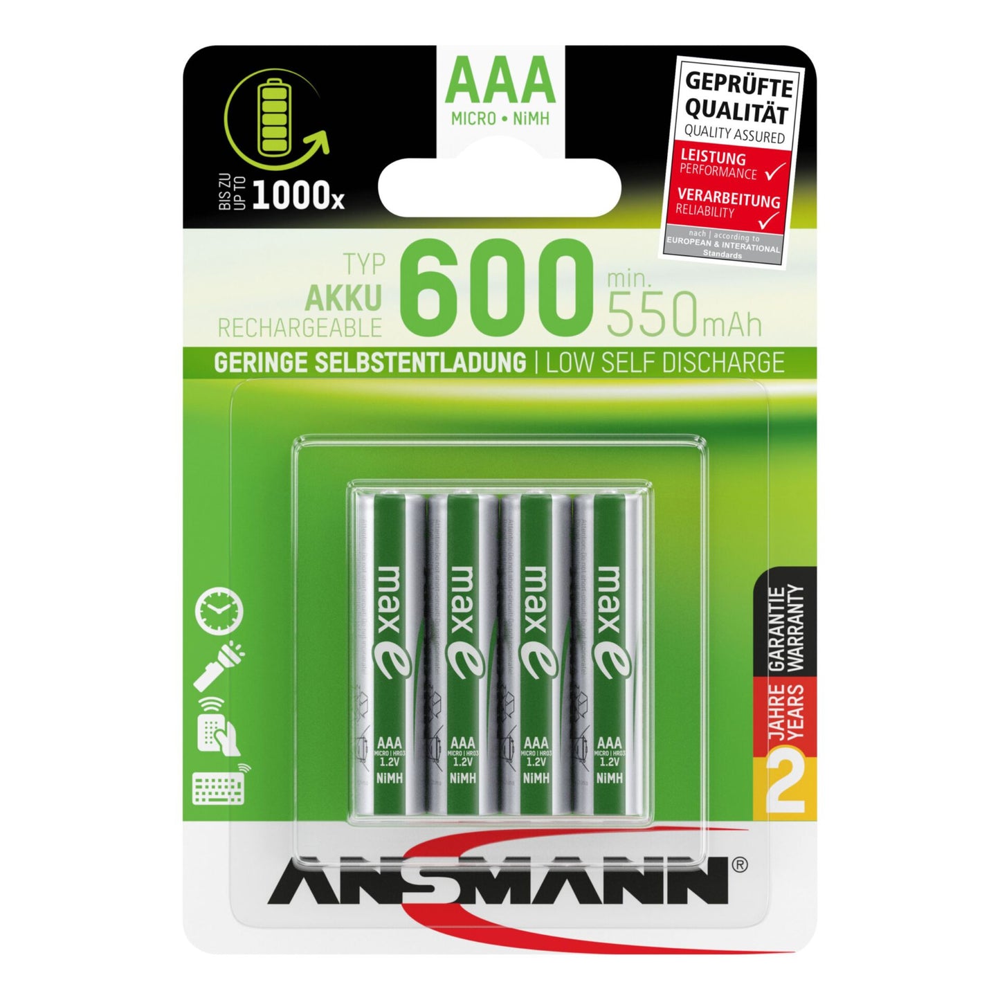 1x4 Ansmann NiMH Accu Micro AAA Typ.600 min.550 mAh   1311-0005