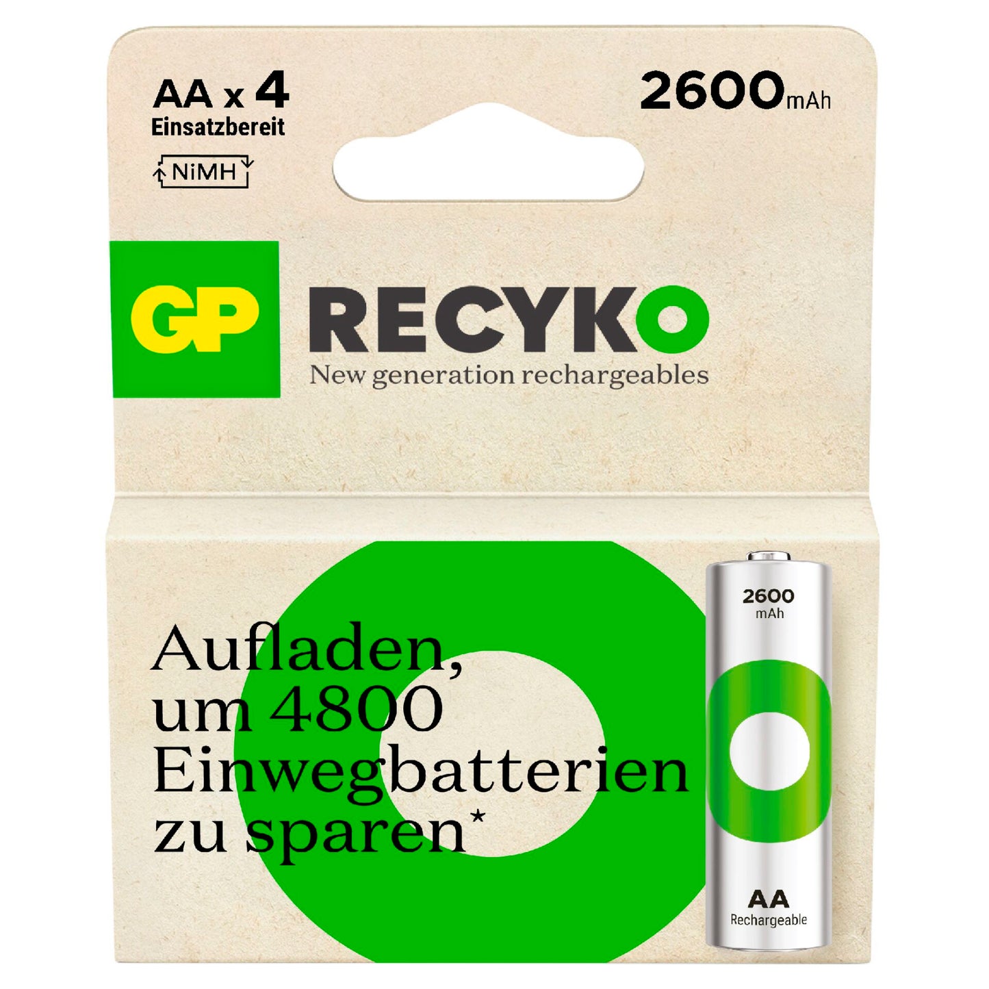 1x4 GP ReCyko NiMH battery AA 2600mAH, high capacity