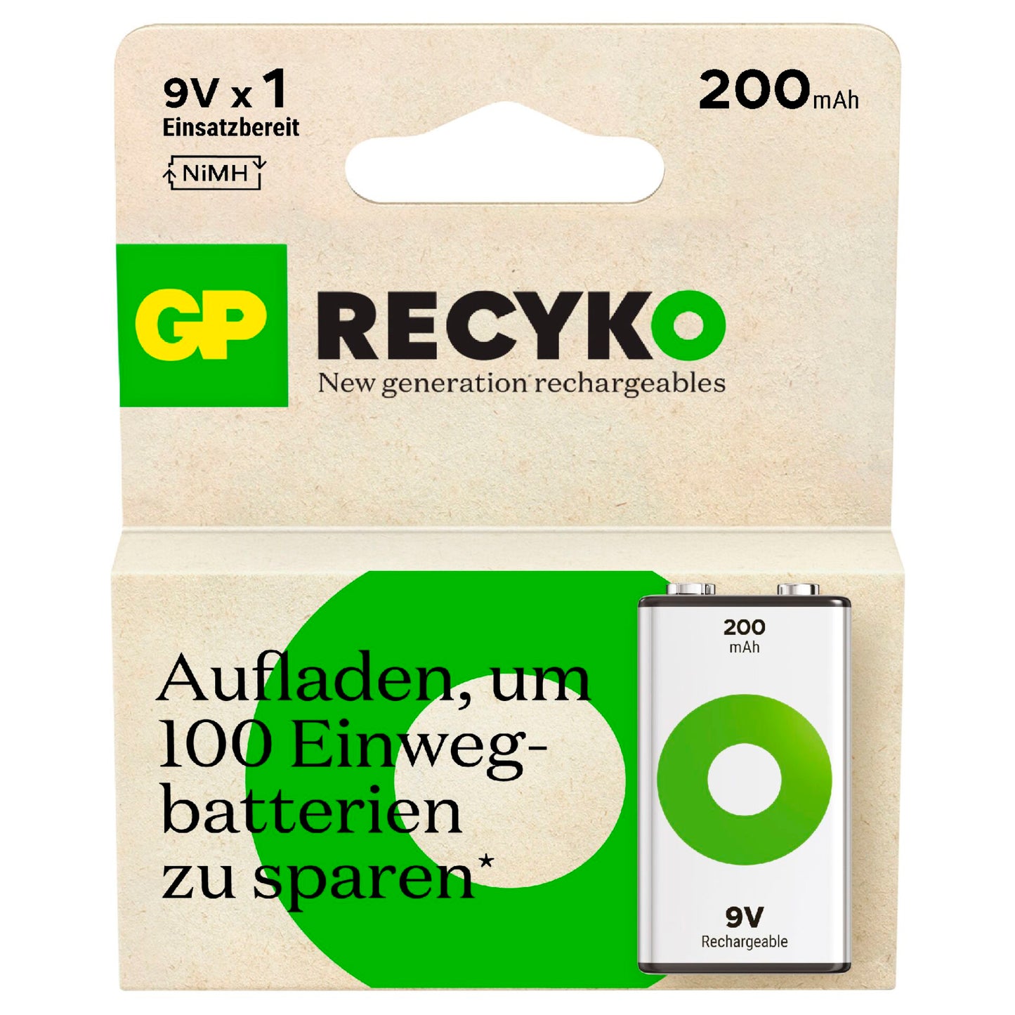 GP ReCyko NiMH Accu 9V Block 200mAH, ready to use