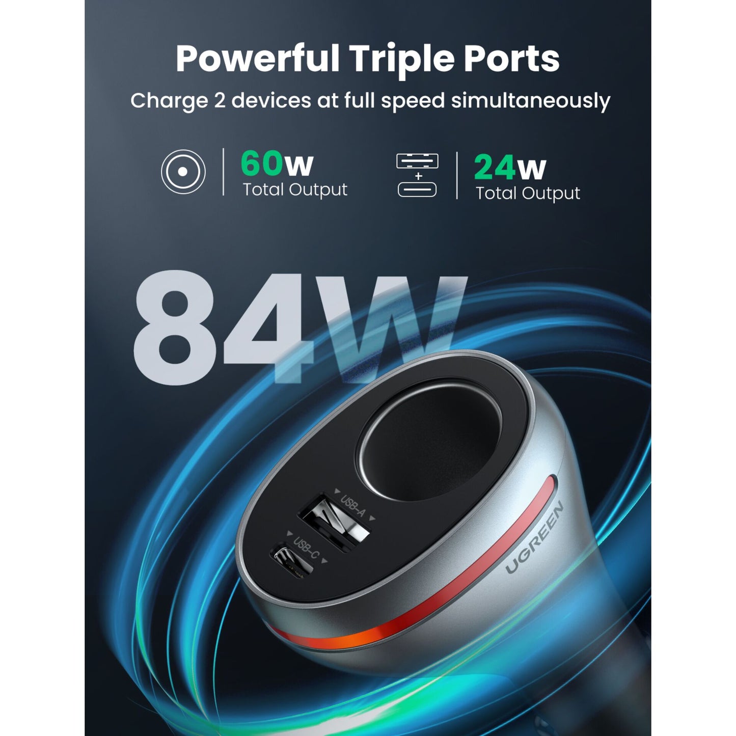 UGREEN Car Charger Dual Ports Single Extension Socket PD 20W